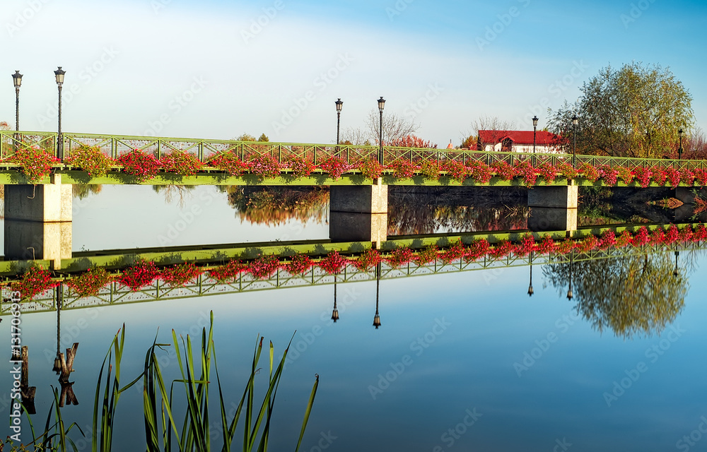 Bridge with flowers reflecting in lake