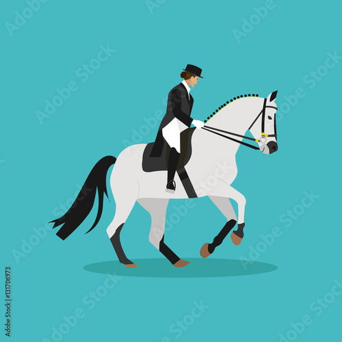Race horse and lady jockey. Horseback riding concept flat vector illustration
