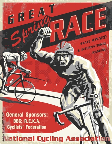 Biking race vintage poster. Biking illustration, cyclist vector retro poster. Layered.