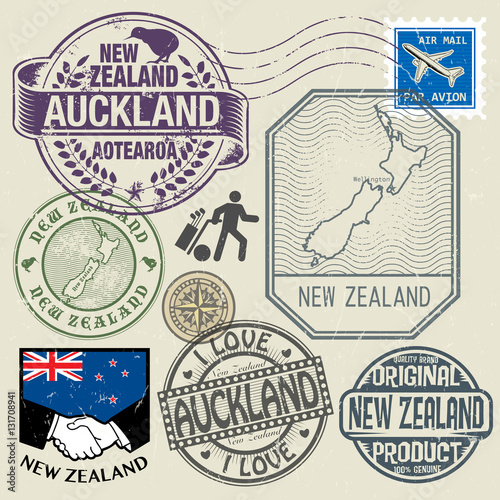 Grunge rubber stamp set with text and map of New Zealand