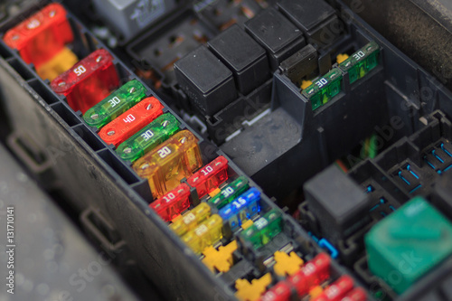 Close up view of Car Fuse box, Control engine lighting. Car elec