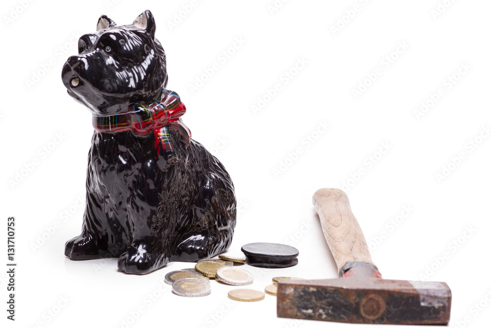 Hund als Spardose mit Hammer Stock-Foto | Adobe Stock