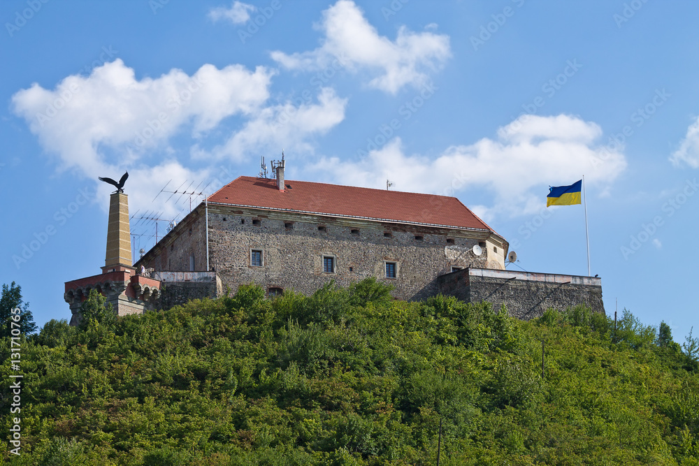 Ukraine, Mukachevo Palanok Castle from the 14th century on top of the mountain.