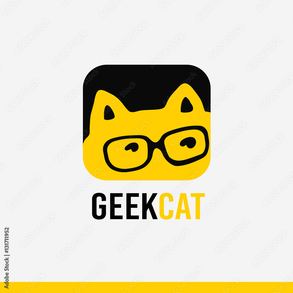 Logo geek concept, cartoon stylized kitty with eye glasses,identity, symbol, icon. The vector illustration isolated on white background