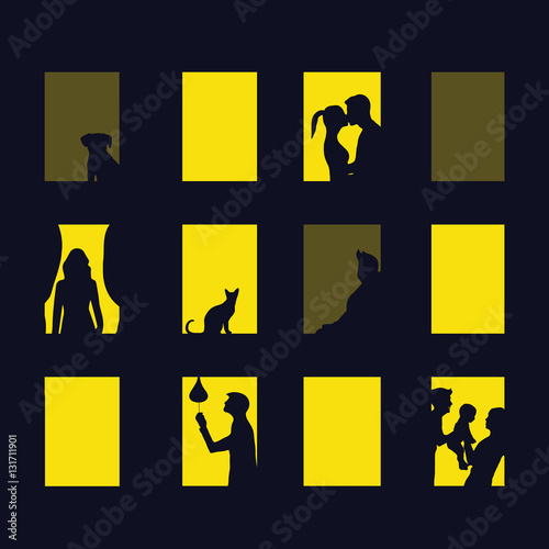 window city at night. Vector illustration of apartment blocks with windows, in which the gap silhouettes of people, girls, boys, baby, cat, dog. different life.