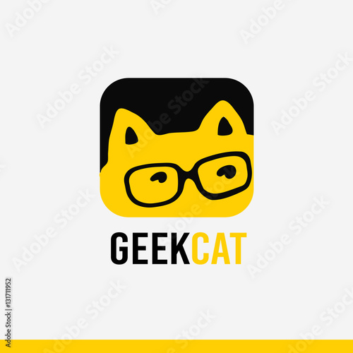Logo geek concept, cartoon stylized kitty with eye glasses,identity, symbol, icon. The vector illustration isolated on white background