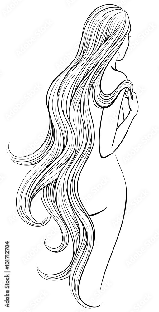 Vector cketch of naked woman with very long and wavy hair
