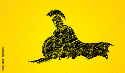 Spartan warrior with sword and shield designed using grunge brush graphic vector.