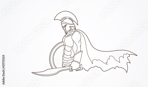 Spartan warrior with sword and shield outline graphic vector.