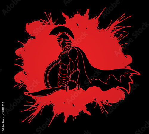 Spartan warrior with sword and shield designed on splash blood graphic vector.