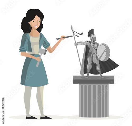 woman sculpting an spartan soldier