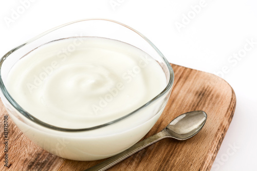 Greek yogurt in glass bowl isolated on white background 
