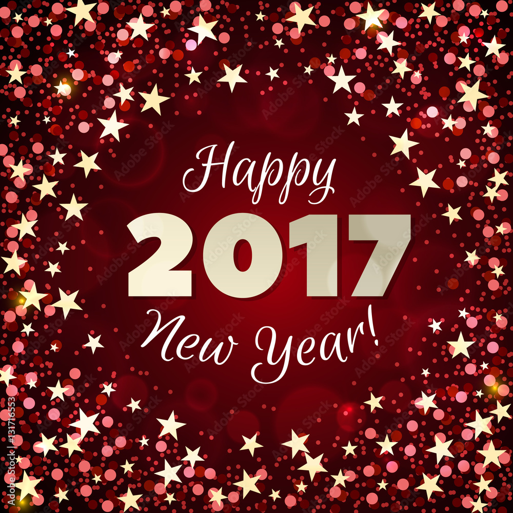 Happy New Year 2017 greeting card. Festive illustration with sparkles, stars and confetti on red background. Vector.