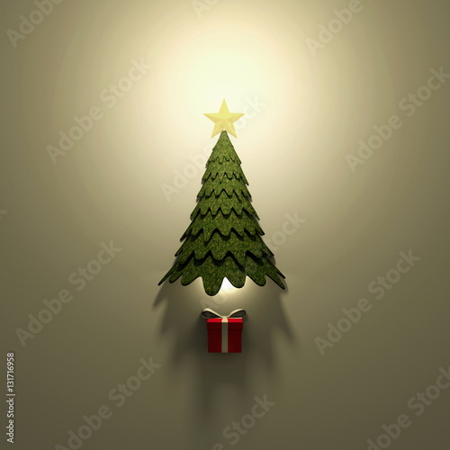 3d rendering illustration of illuminated green Christmas tree with red gift © ma3d.it
