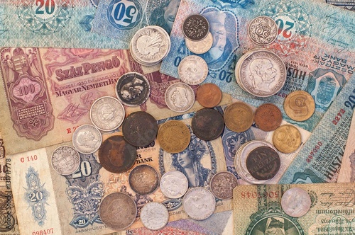 The old coins and banknotes.