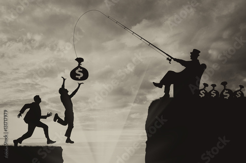 People run for bag with money into abyss and businessman manipulates