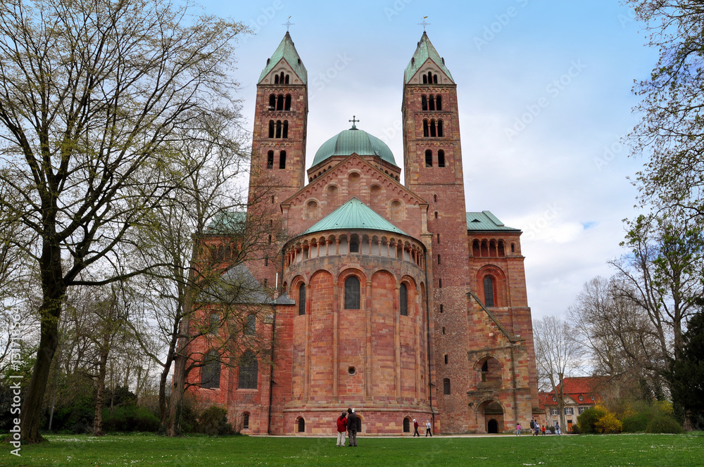 Red old church of Saints Mary and Stephen in the Romanesque style. Speyer, Germany.