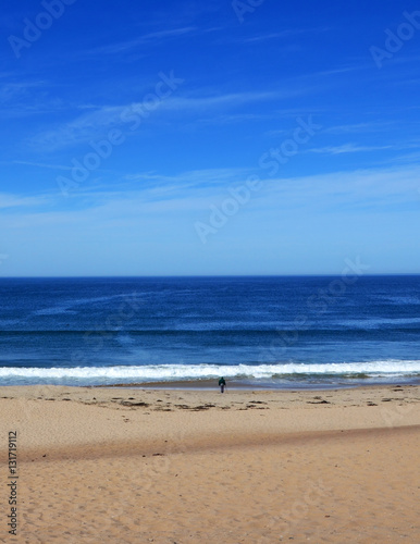Man at Beach looking at Endless Horizon with clear blue sky - near Monterey at the Pacific Coast (vertical)