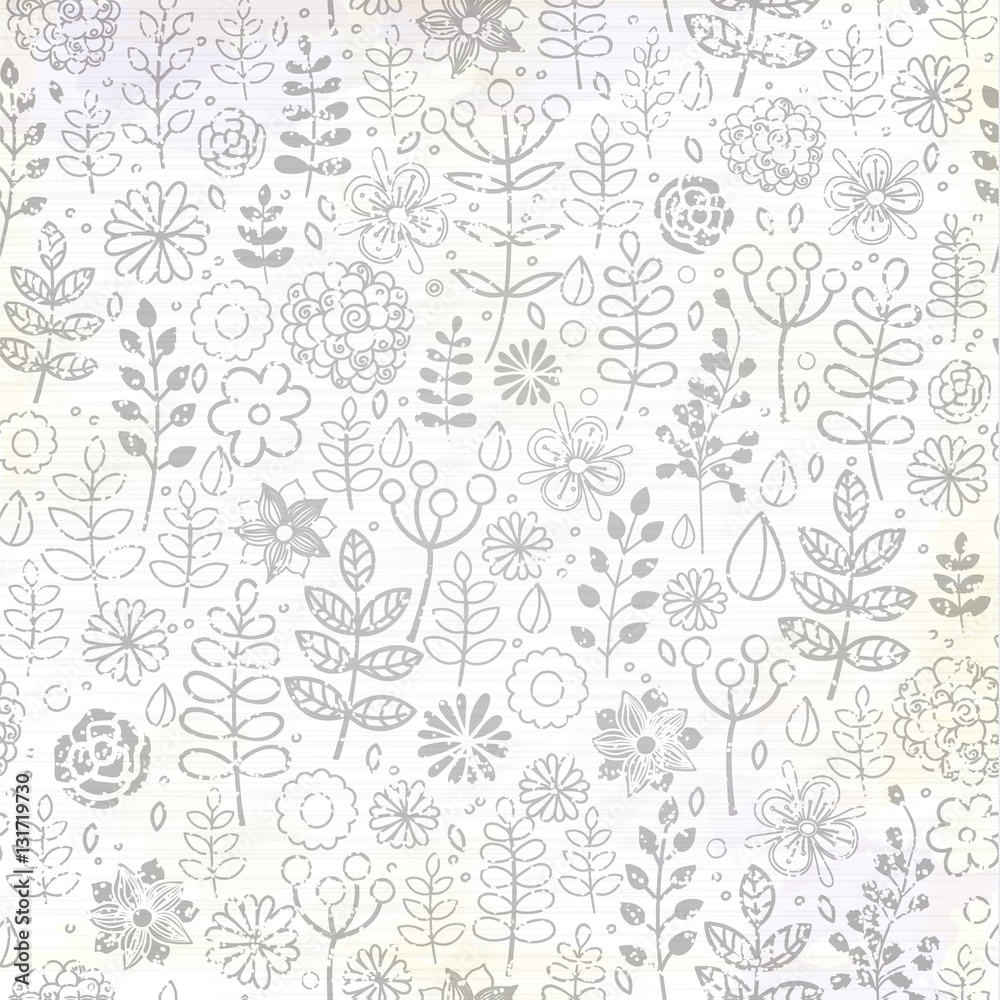 Hand drawn vector floral doodle pattern with branches, leaves, flowers.