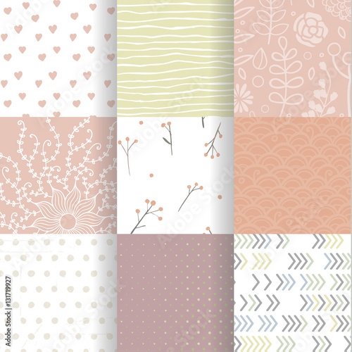 Set of vector spring patterns with colorful arrows, flowers, doodle pattern, hand drawn lines, heats.