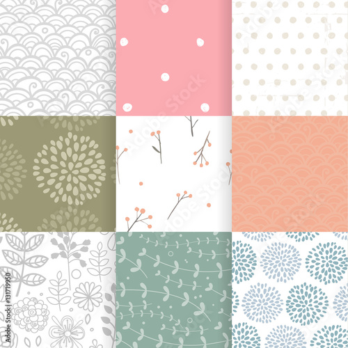 Set of vector spring patterns with flowers, doodle pattern, branches, leaves.