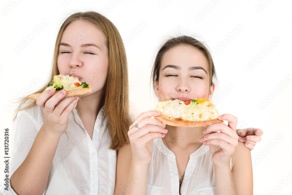 happy girls eats pizza isolated on white background