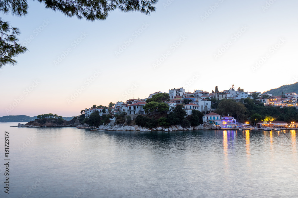 Views of Skiathos at sunset with house's lights