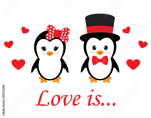 cute penguin set with heart vector and text