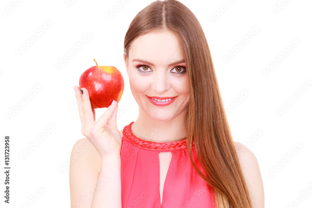 Woman charming girl colorful makeup holds apple fruit Woman charming girl colorful makeup holds apple fruit