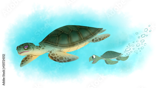 Sea turtles mother and baby cartoon characters first swimming lesson