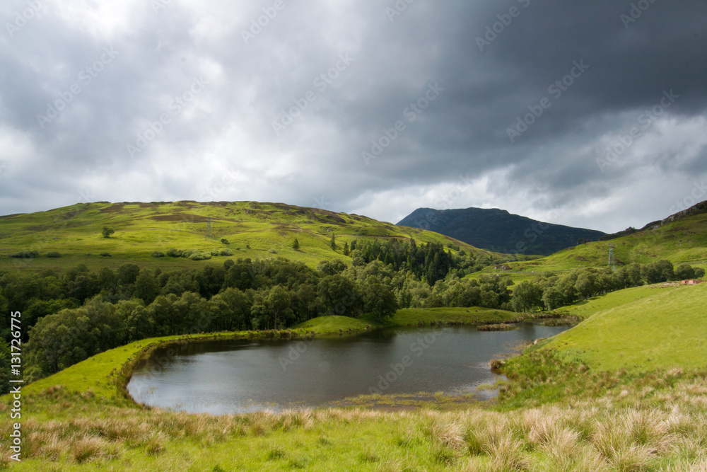 Scottish Loch in green meadows