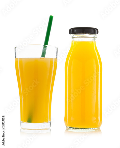 Glass of orange juice  and orange juice bottles isolated on whit