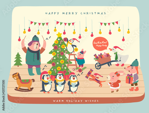 Merry Christmas Cartoon Vector. Animals in cartoon style