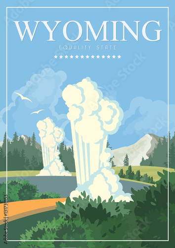 Wyoming travel vector illustration. USA poster. United States of America colorful banner. Greetings from Wyoming photo