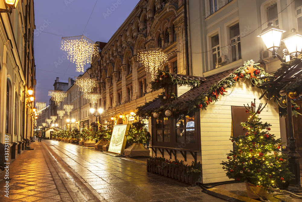 Fototapeta premium Christmas decoration Stoleshnikov lane, Moscow, Russia