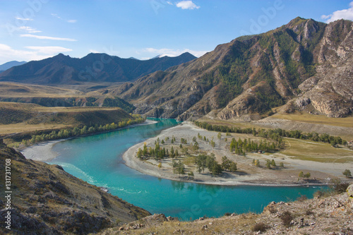 Katun River bend against the background of mountains in Altai in the fall