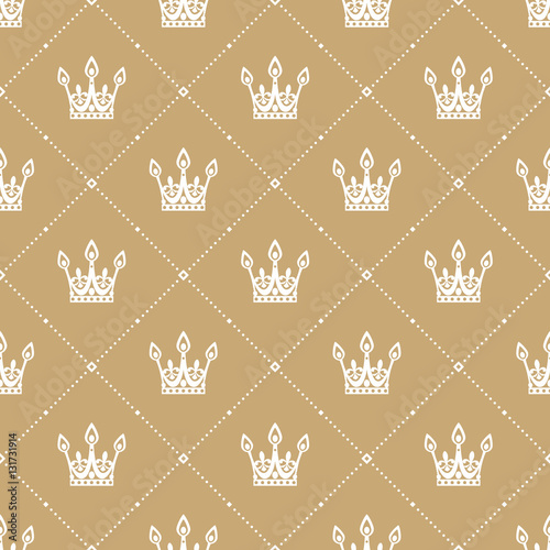 Seamless pattern in retro style with a white crown on a gold background. Can be used for wallpaper, pattern fills, web page background,surface textures. Vector Illustration.