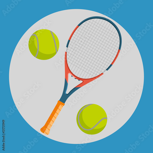 Tennis racquet icon. Colorful tennis racquet and two yellow tennis balls on a blue background. Sports Equipment. Vector Illustration.