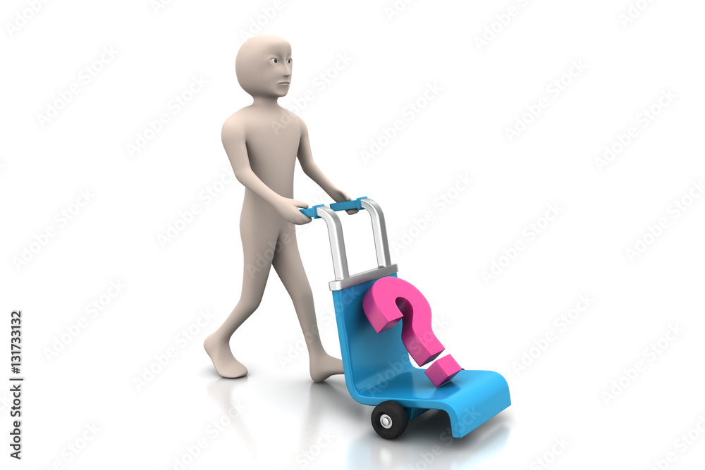 man with trolley for delivering question mark man with trolley for delivering question mark