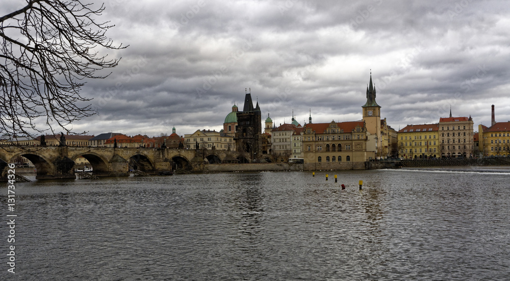 A view of the Vltava river with the city of Prague seen on its banks
