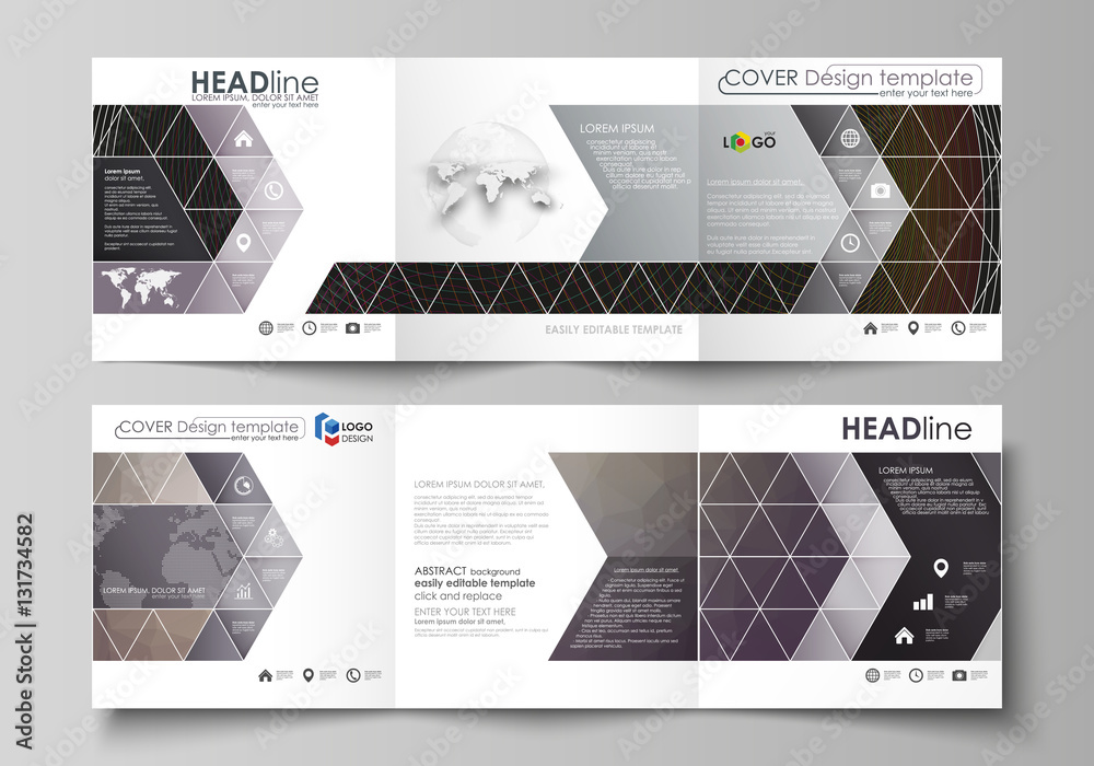 Set of business templates for tri fold square design brochures. Leaflet cover, flat layout, easy editable vector. Dark color triangles and colorful circles. Abstract polygonal style modern background.