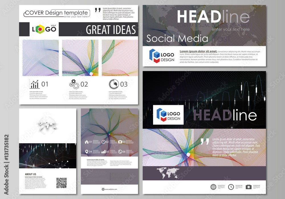 Social media posts set. Business templates. Vector layouts in popular formats. Colorful abstract infographic background in minimalist design made from lines, symbols, charts, other elements.