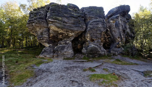 A wide angle shot of a consolidated rock formation
