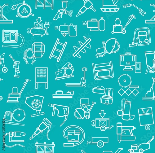 Construction equipment and tools, seamless pattern, blue green, contour. Vector background with images of equipment for construction and repair. White, linear pictures on blue green field. 