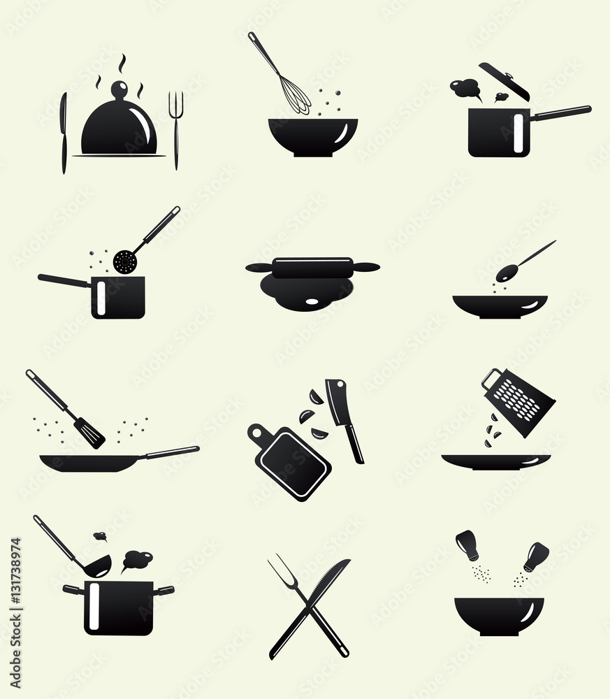 Cooking icons. Kitchen utensils and cooking process. Black silhouette