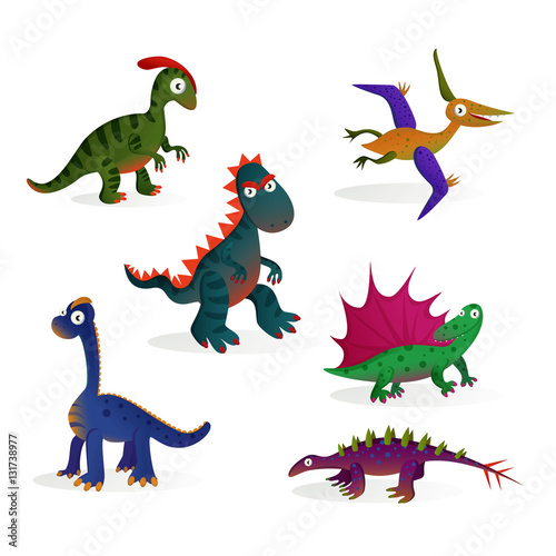 Set of cute cartoon dinosaurs on white background