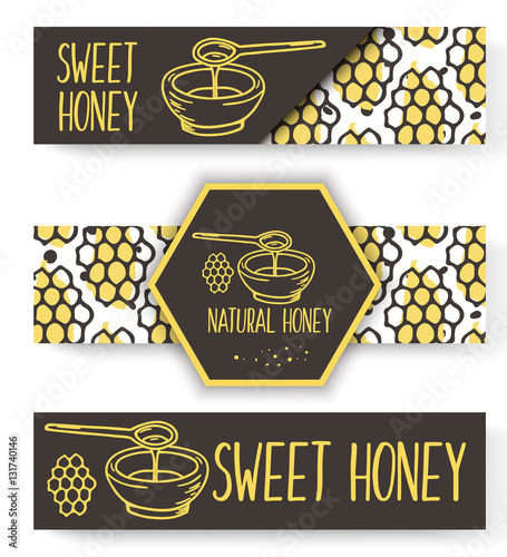 Vector organic honey banners. Bio hand drawn set.