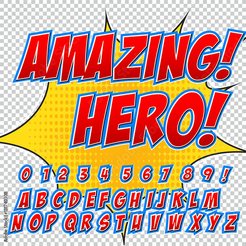 Creative high detail comic font. Alphabet of comics, pop art.