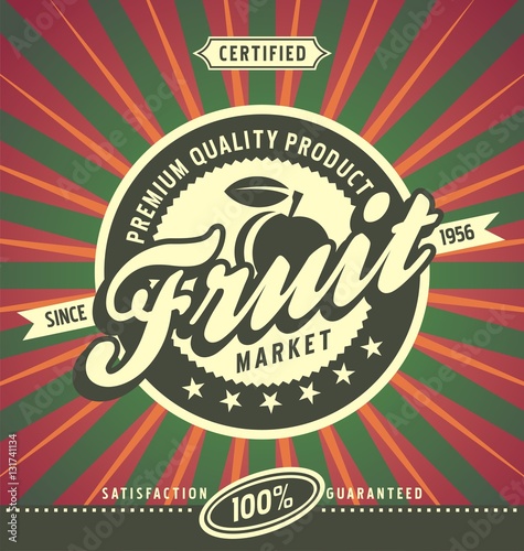 Fruit market creative retro label layout with apple icon and creative typography on artistic colorful background template