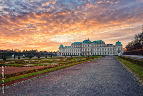 Amazing sunrise over the Belvedere Palace and royal garden, Vienna, the capital of Austria